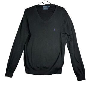 VINTAGE POLO RALPH LAUREN PIMA COTTON V-NECK SWEATER BLACK  MENS MEDIUM‎